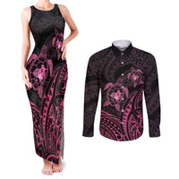 Pink Black Polynesia Floral Sea Turtle Couples Matching Tank Maxi Dress and Long Sleeve Button Shirt - Polynesian Pride