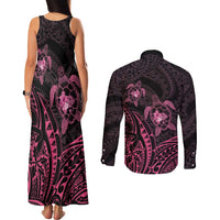 Pink Black Polynesia Floral Sea Turtle Couples Matching Tank Maxi Dress and Long Sleeve Button Shirt - Polynesian Pride