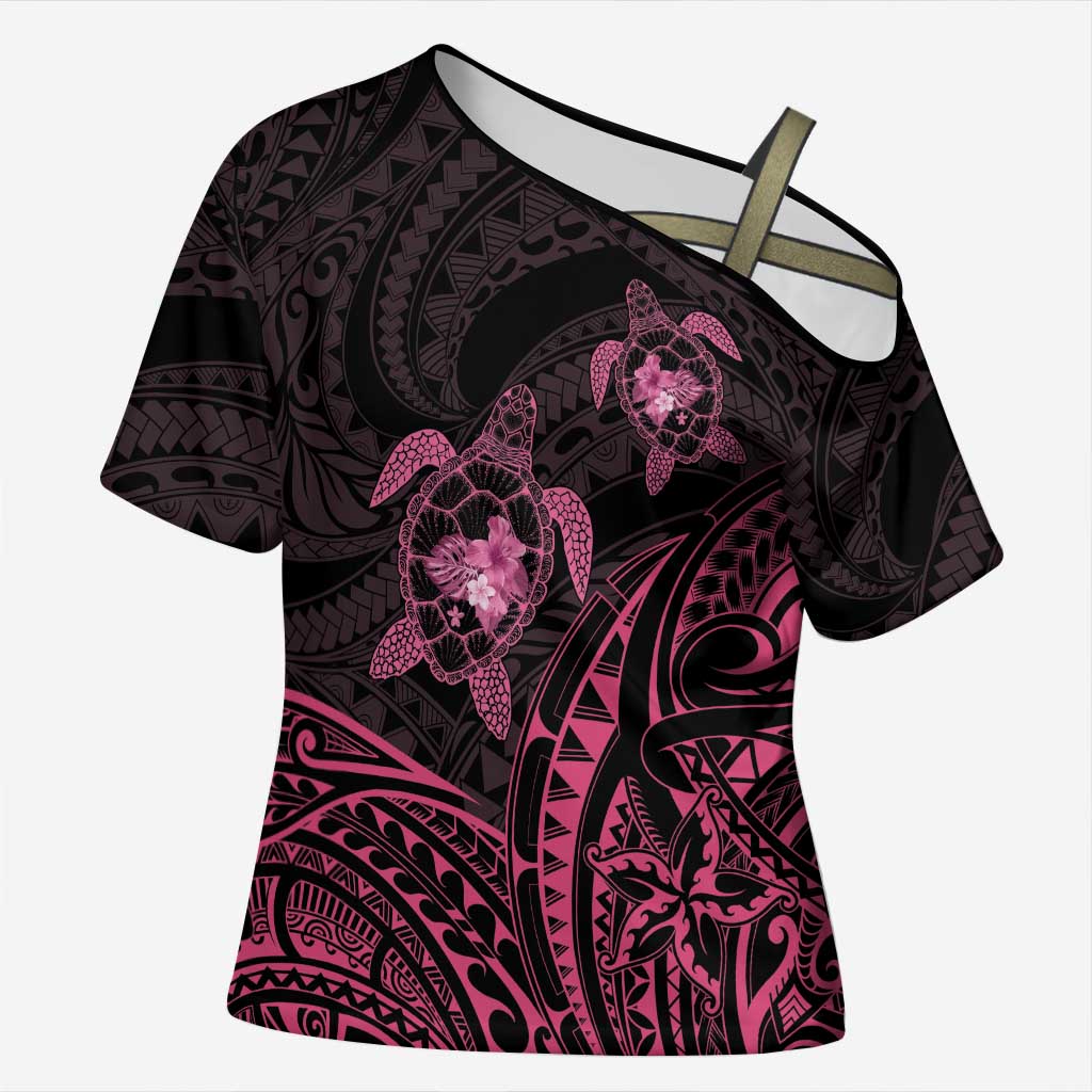 Pink Black Polynesia Floral Sea Turtle Cross Shoulder Shirt LT14 Female Black - Polynesian Pride