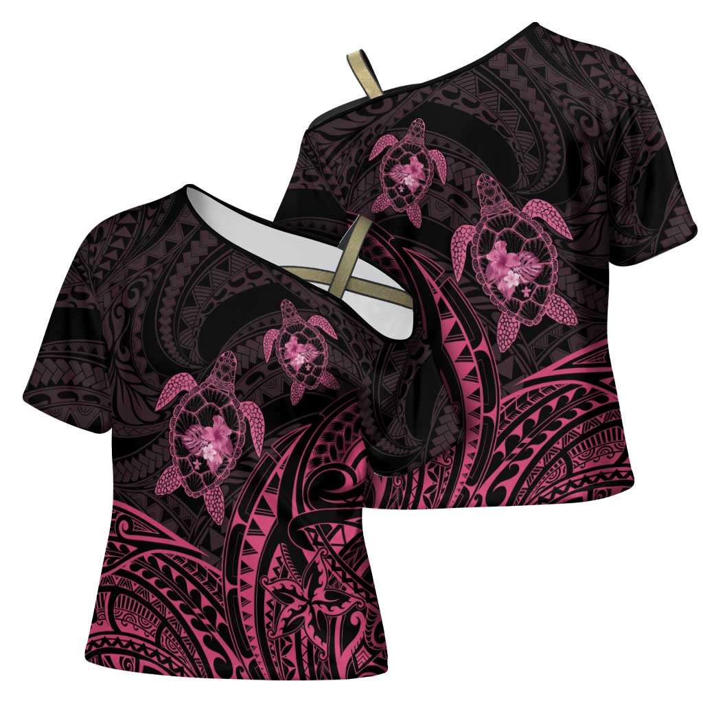 Pink Black Polynesia Floral Sea Turtle Cross Shoulder Shirt LT14 - Polynesian Pride
