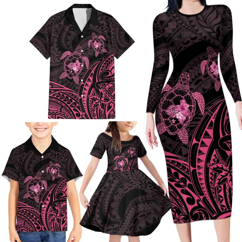 Pink Black Polynesia Floral Sea Turtle Family Matching Long Sleeve Bodycon Dress and Hawaiian Shirt - Polynesian Pride