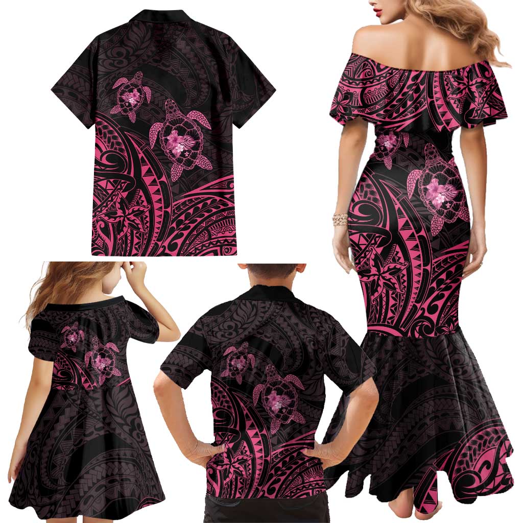 Pink Black Polynesia Floral Sea Turtle Family Matching Mermaid Dress and Hawaiian Shirt - Polynesian Pride