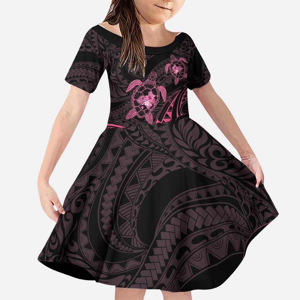 Pink Black Polynesia Floral Sea Turtle Family Matching Off The Shoulder Long Sleeve Dress and Hawaiian Shirt - Polynesian Pride