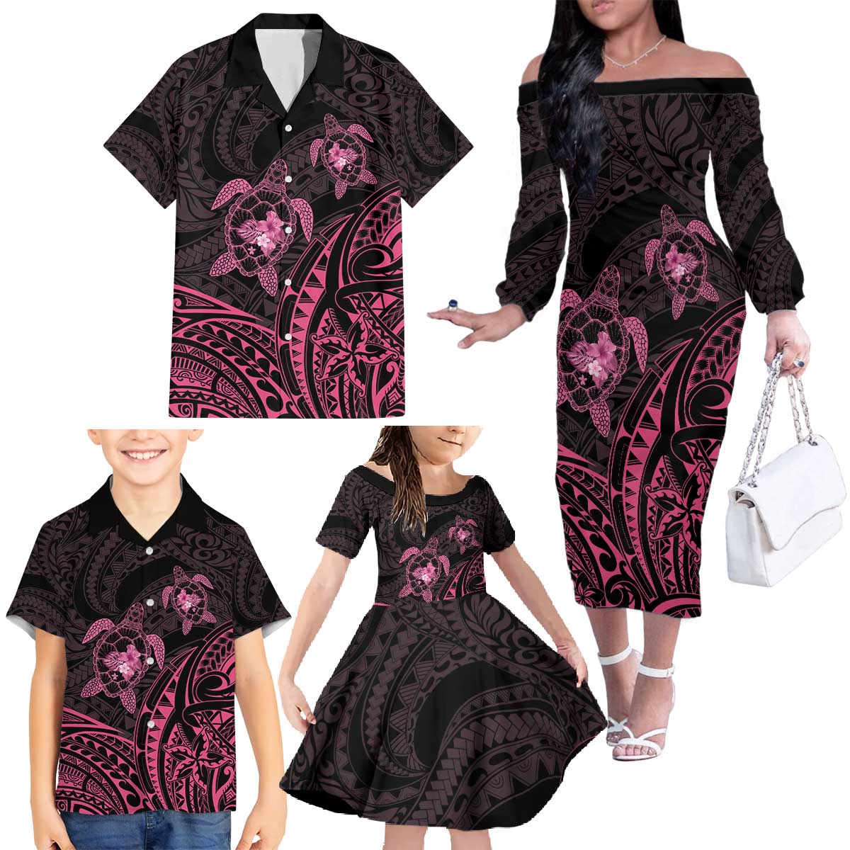 Pink Black Polynesia Floral Sea Turtle Family Matching Off The Shoulder Long Sleeve Dress and Hawaiian Shirt - Polynesian Pride