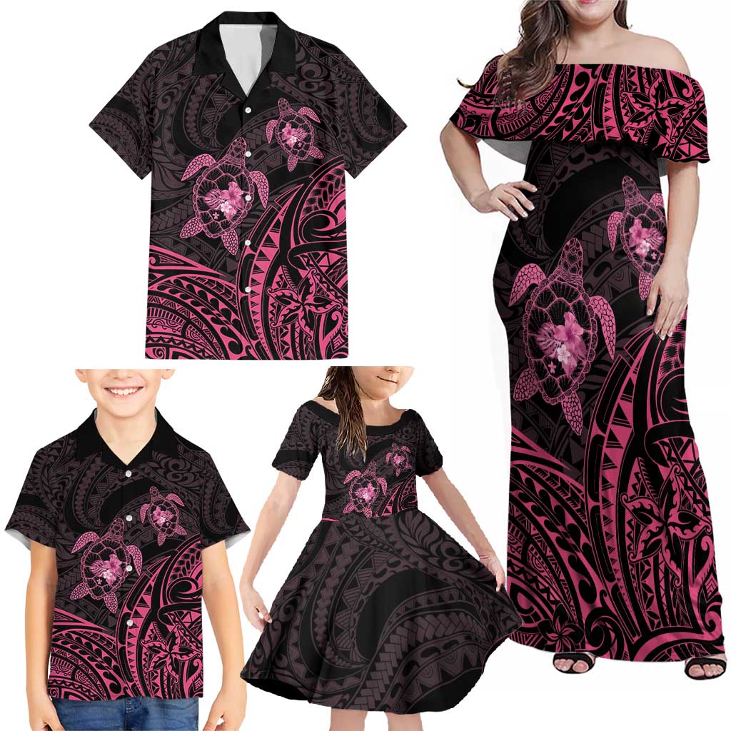 Pink Black Polynesia Floral Sea Turtle Family Matching Off Shoulder Maxi Dress and Hawaiian Shirt - Polynesian Pride