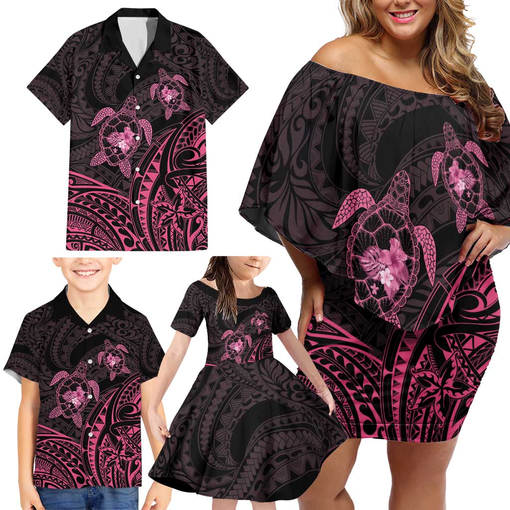 Pink Black Polynesia Floral Sea Turtle Family Matching Off Shoulder Short Dress and Hawaiian Shirt - Polynesian Pride