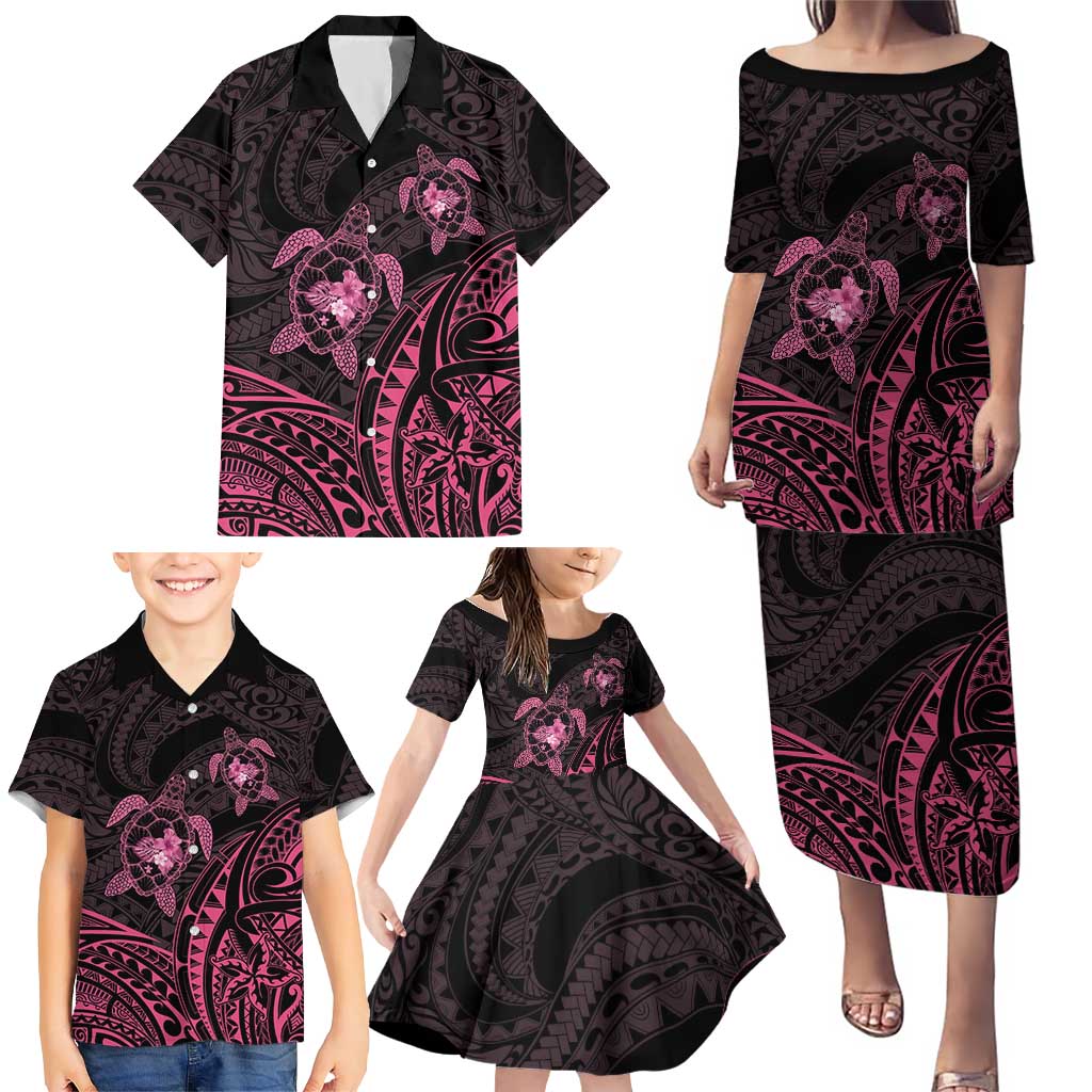 Pink Black Polynesia Floral Sea Turtle Family Matching Puletasi and Hawaiian Shirt LT14 - Polynesian Pride