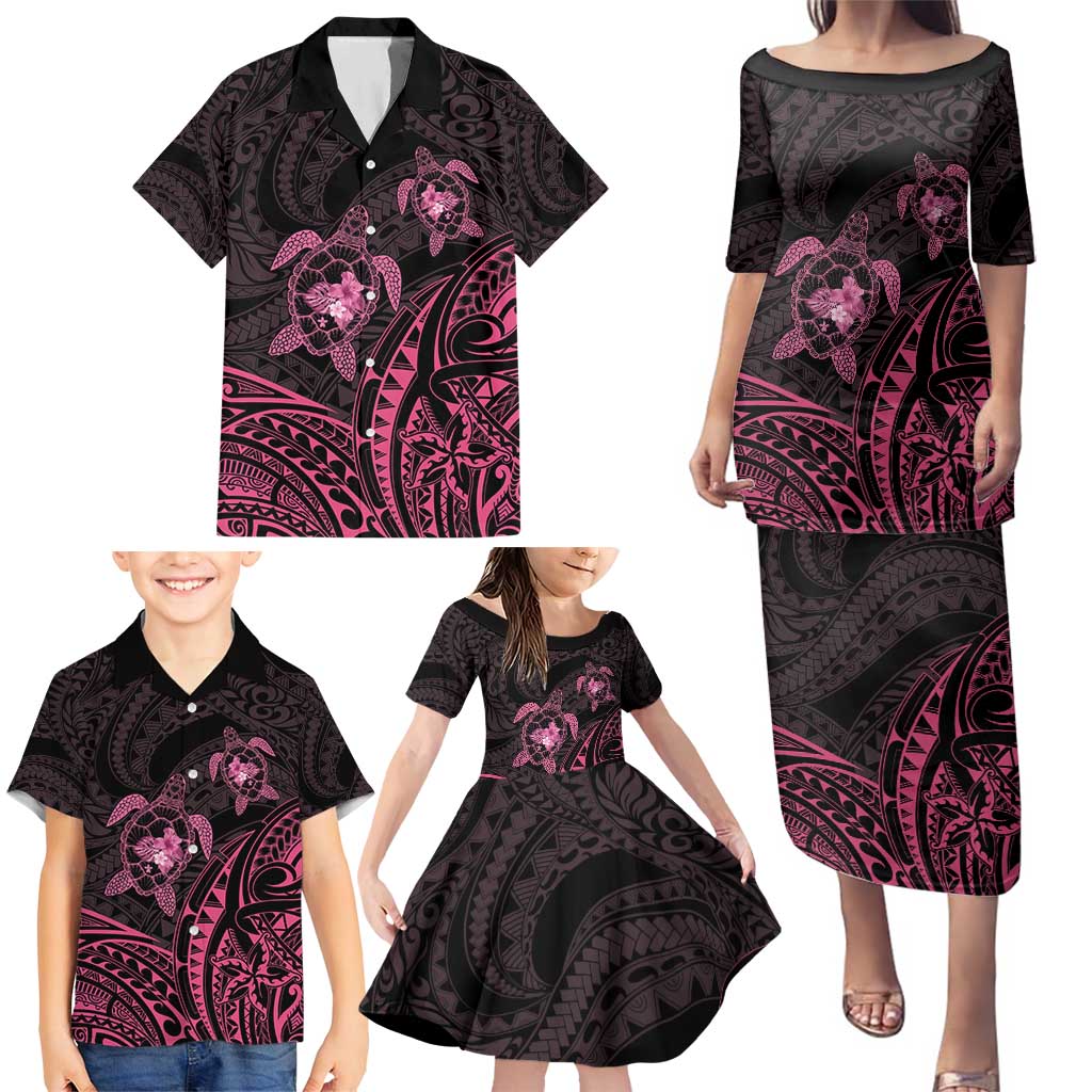 Pink Black Polynesia Floral Sea Turtle Family Matching Puletasi and Hawaiian Shirt - Polynesian Pride