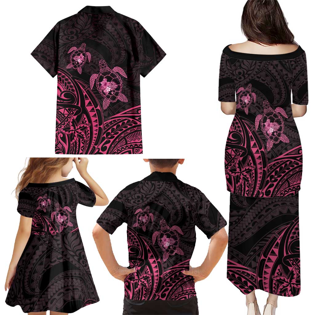 Pink Black Polynesia Floral Sea Turtle Family Matching Puletasi and Hawaiian Shirt LT14 - Polynesian Pride