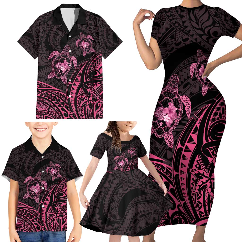 Pink Black Polynesia Floral Sea Turtle Family Matching Short Sleeve Bodycon Dress and Hawaiian Shirt - Polynesian Pride