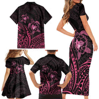 Pink Black Polynesia Floral Sea Turtle Family Matching Short Sleeve Bodycon Dress and Hawaiian Shirt - Polynesian Pride