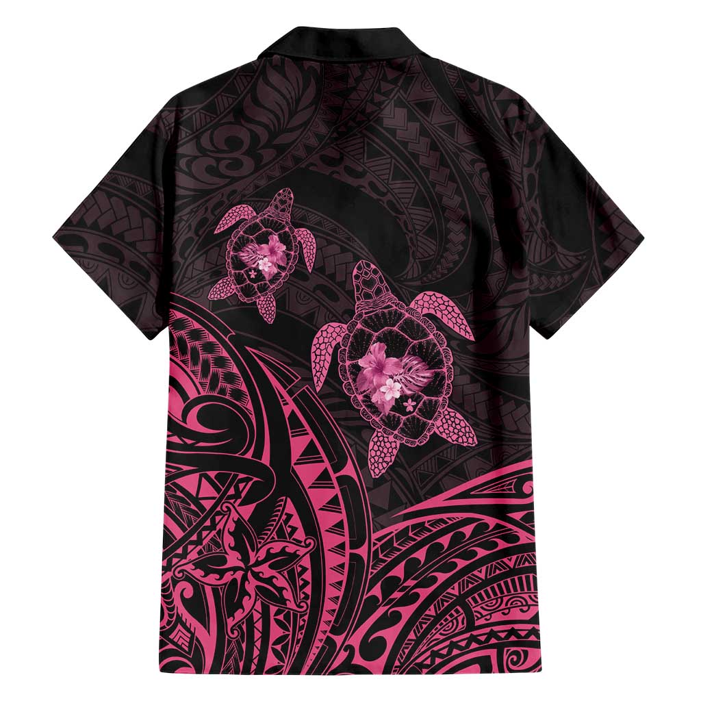 Pink Black Polynesia Floral Sea Turtle Family Matching Short Sleeve Bodycon Dress and Hawaiian Shirt - Polynesian Pride