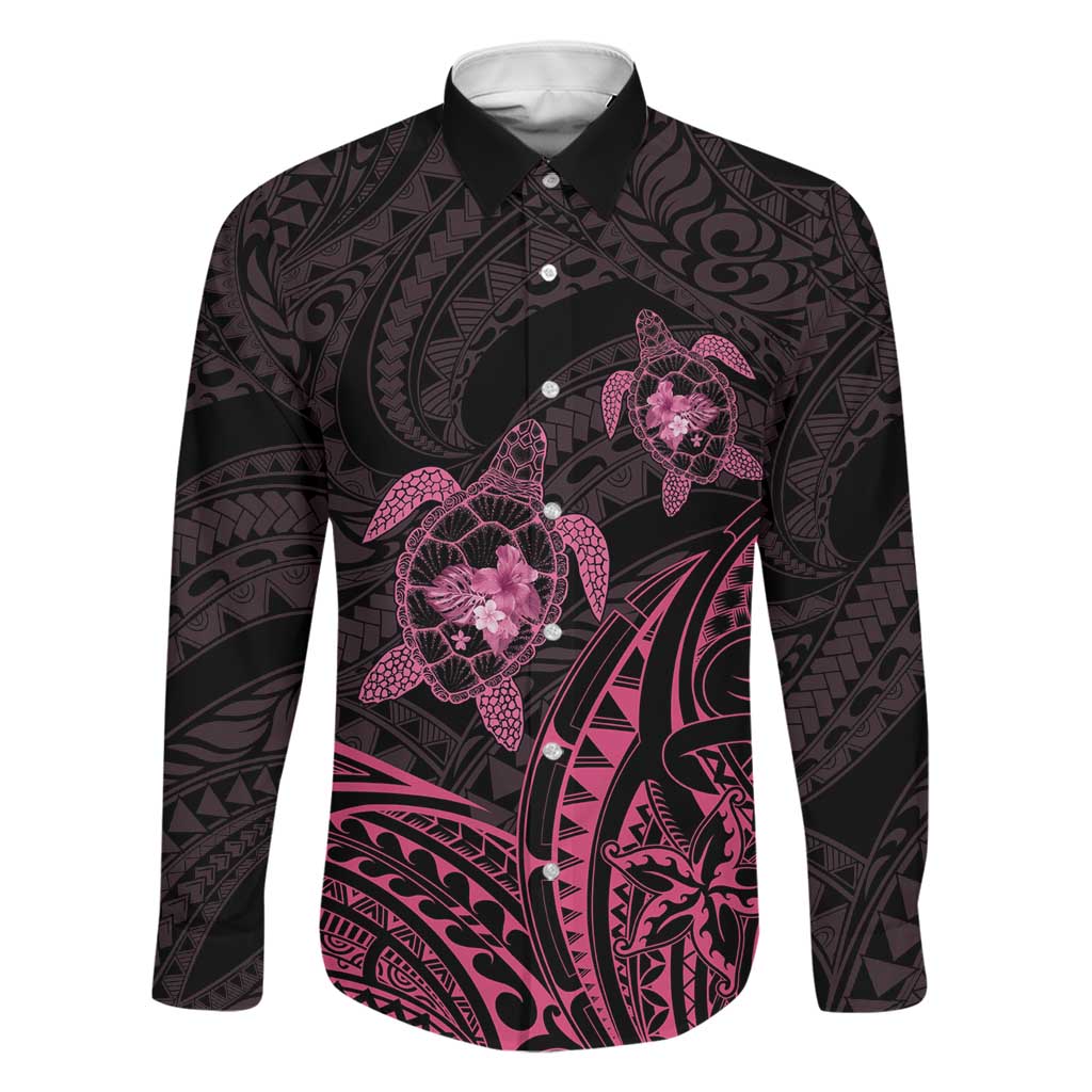 Pink Black Polynesia Floral Sea Turtle Family Matching Short Sleeve Bodycon Dress and Hawaiian Shirt - Polynesian Pride