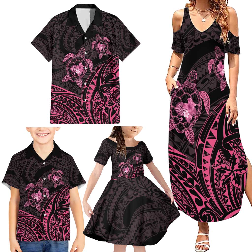 Pink Black Polynesia Floral Sea Turtle Family Matching Summer Maxi Dress and Hawaiian Shirt - Polynesian Pride