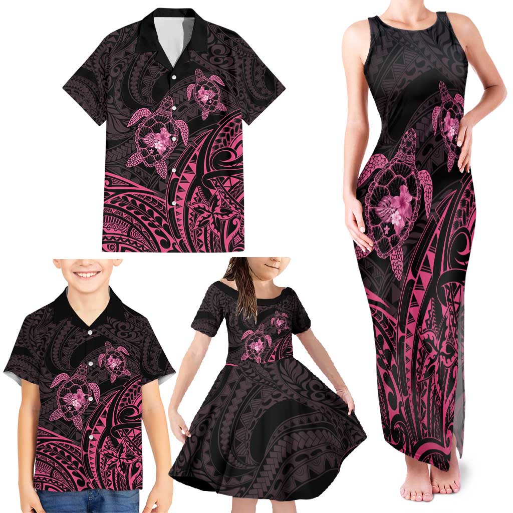 Pink Black Polynesia Floral Sea Turtle Family Matching Tank Maxi Dress and Hawaiian Shirt - Polynesian Pride