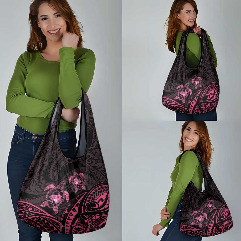 Pink Black Polynesia Floral Sea Turtle Grocery Bag LT14 - Polynesian Pride