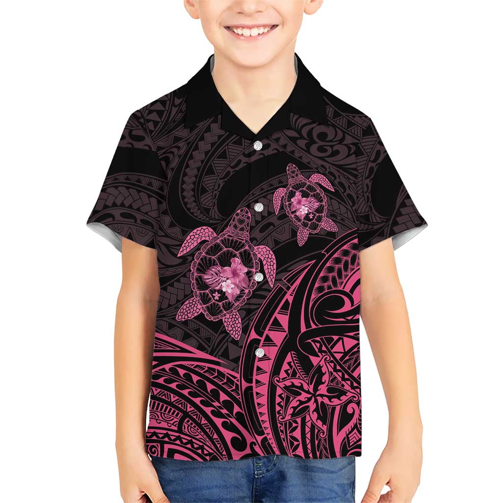 Pink Black Polynesia Floral Sea Turtle Kid Hawaiian Shirt LT14 Kid Black - Polynesian Pride