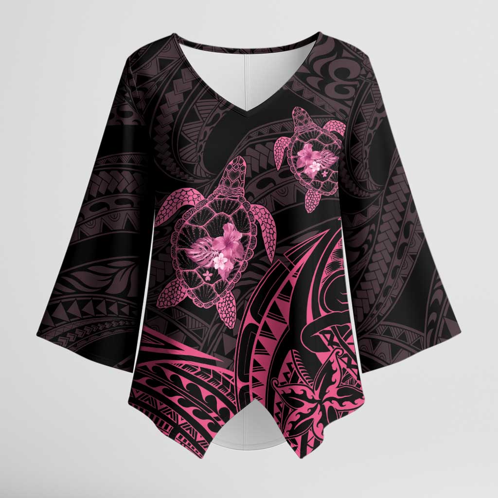 Pink Black Polynesia Floral Sea Turtle Kimono Sleeve Blouse LT14 Female Black - Polynesian Pride