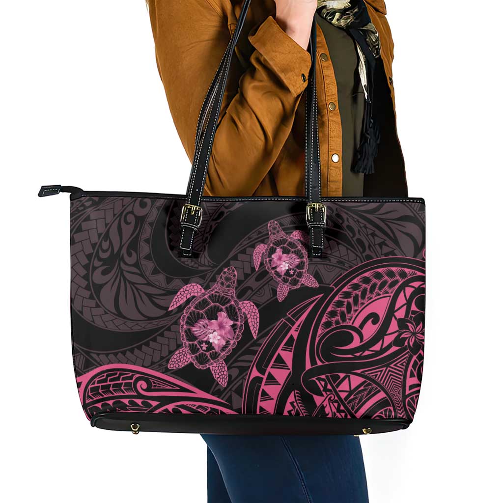 Pink Black Polynesia Floral Sea Turtle Leather Tote Bag LT14 - Polynesian Pride