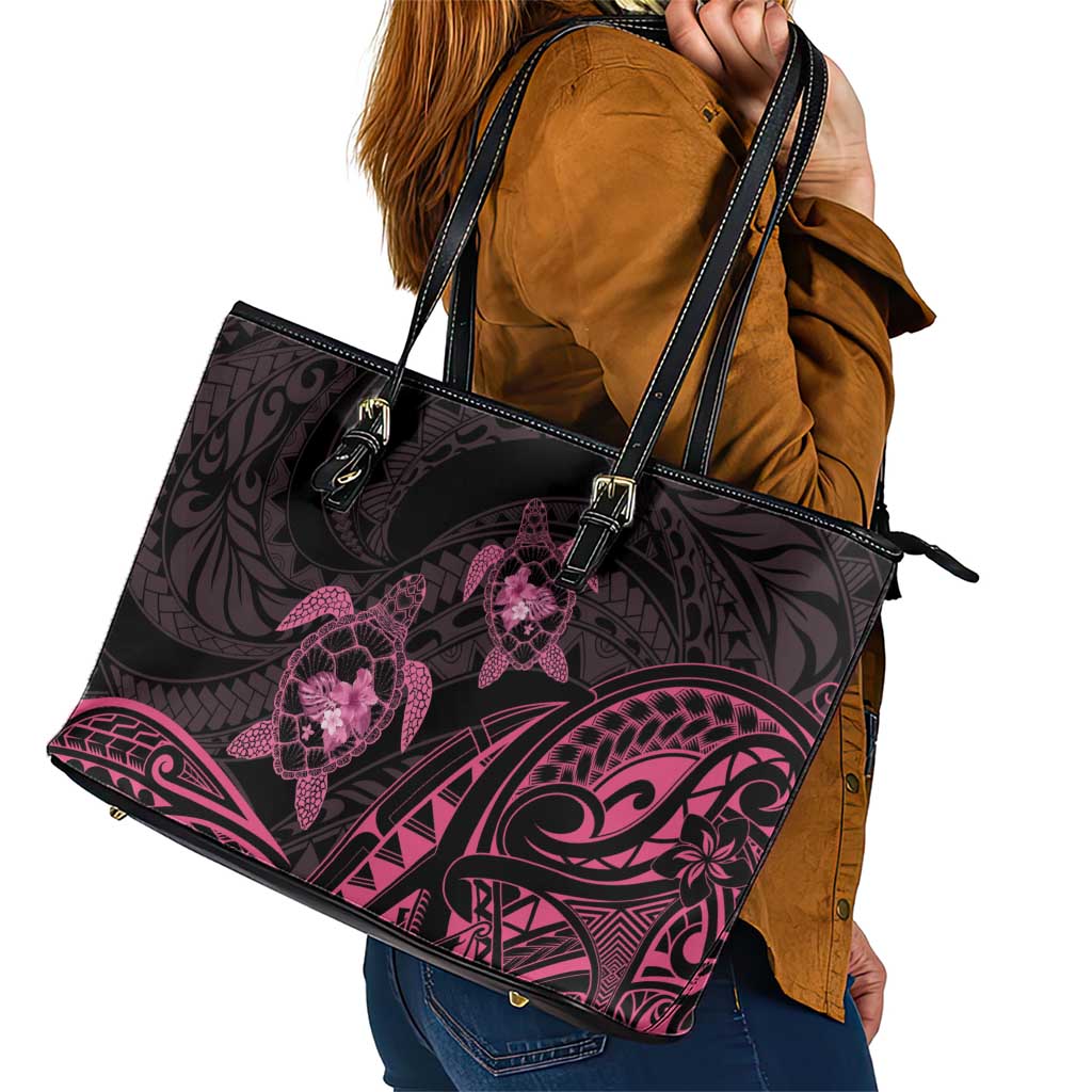Pink Black Polynesia Floral Sea Turtle Leather Tote Bag LT14 - Polynesian Pride