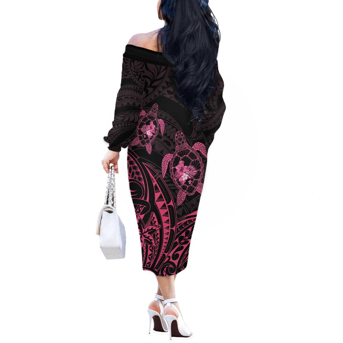 Pink Black Polynesia Floral Sea Turtle Off The Shoulder Long Sleeve Dress LT14 - Polynesian Pride