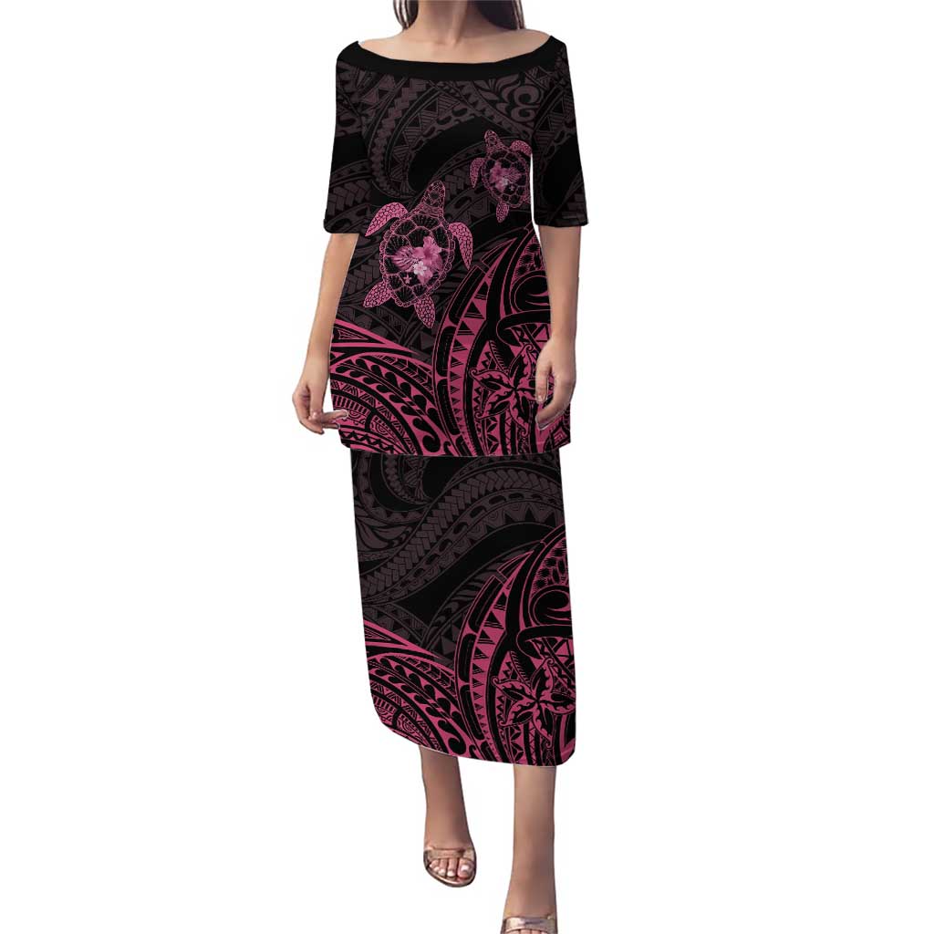 Pink Black Polynesia Floral Sea Turtle Puletasi LT14 Long Dress Black - Polynesian Pride