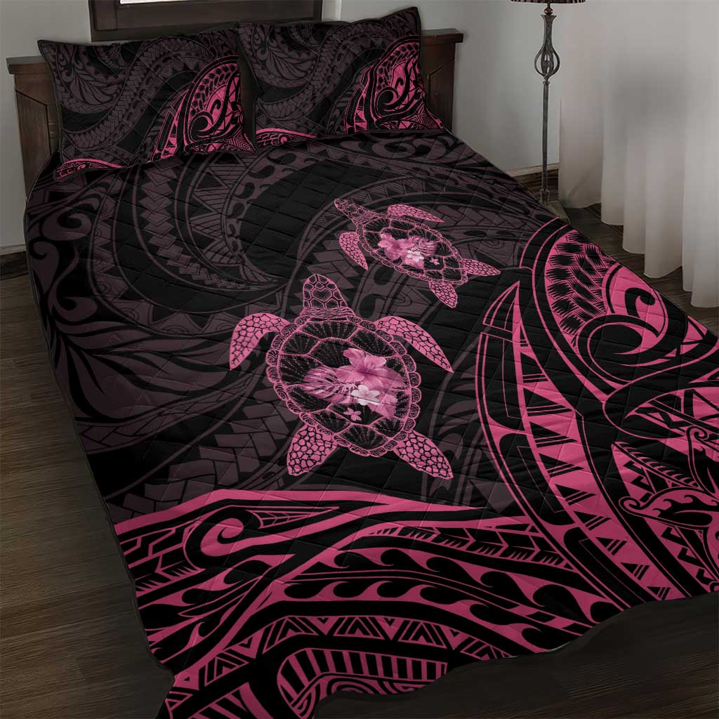 Pink Black Polynesia Floral Sea Turtle Quilt Bed Set - Polynesian Pride