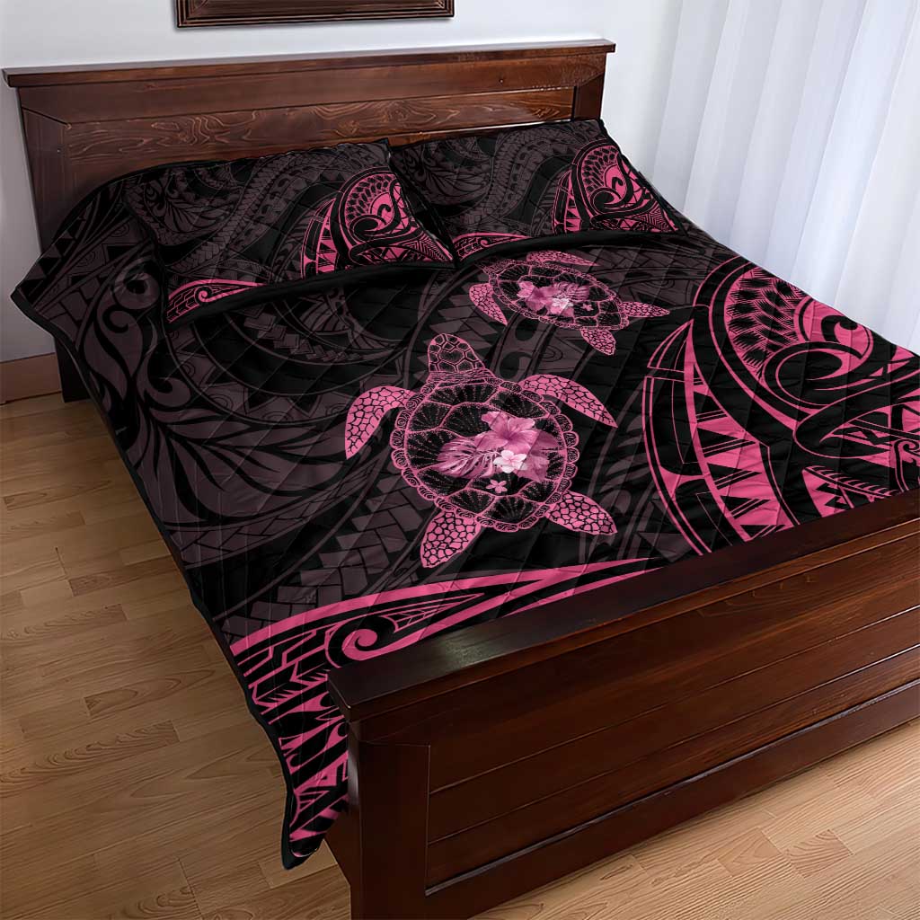 Pink Black Polynesia Floral Sea Turtle Quilt Bed Set - Polynesian Pride