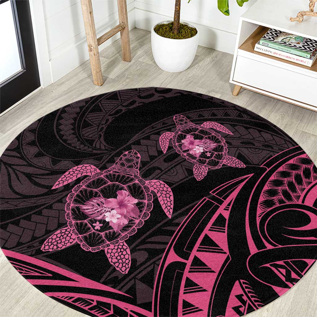 Pink Black Polynesia Floral Sea Turtle Round Carpet LT14 Black - Polynesian Pride