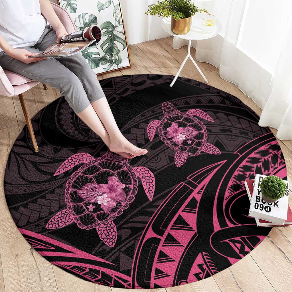 Pink Black Polynesia Floral Sea Turtle Round Carpet LT14 - Polynesian Pride