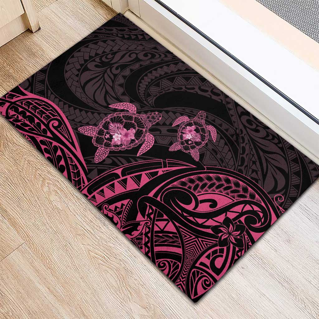 Pink Black Polynesia Floral Sea Turtle Rubber Doormat LT14 - Polynesian Pride