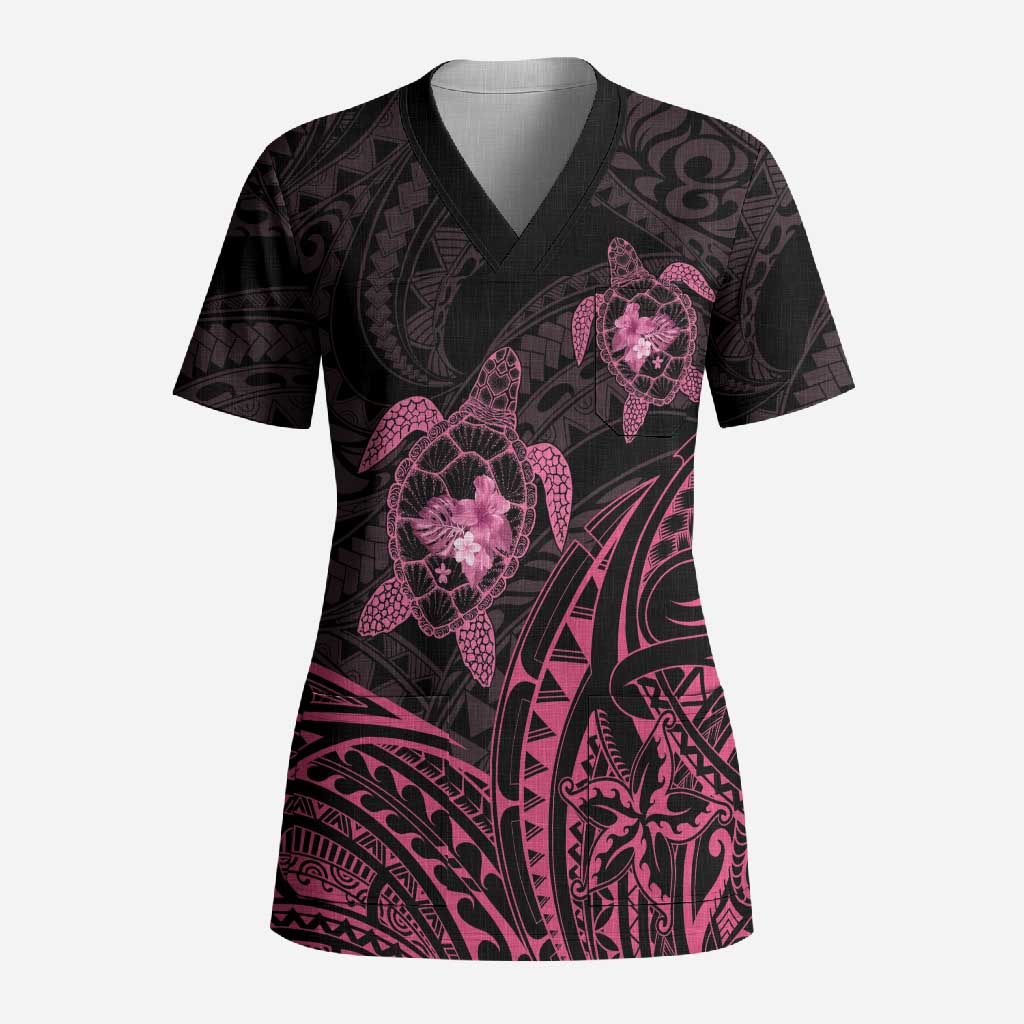 Pink Black Polynesia Floral Sea Turtle Scrub Top - Polynesian Pride