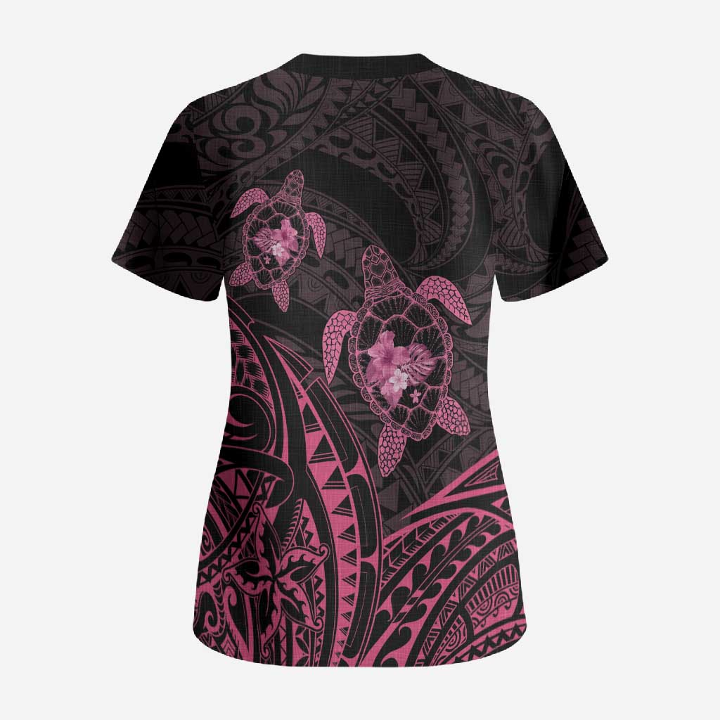 Pink Black Polynesia Floral Sea Turtle Scrub Top LT14 - Polynesian Pride