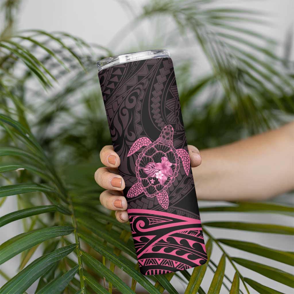 Pink Black Polynesia Floral Sea Turtle Skinny Tumbler - Polynesian Pride