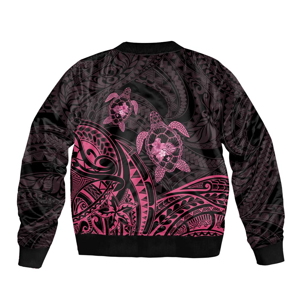 Pink Black Polynesia Floral Sea Turtle Sleeve Zip Bomber Jacket LT14 - Polynesian Pride