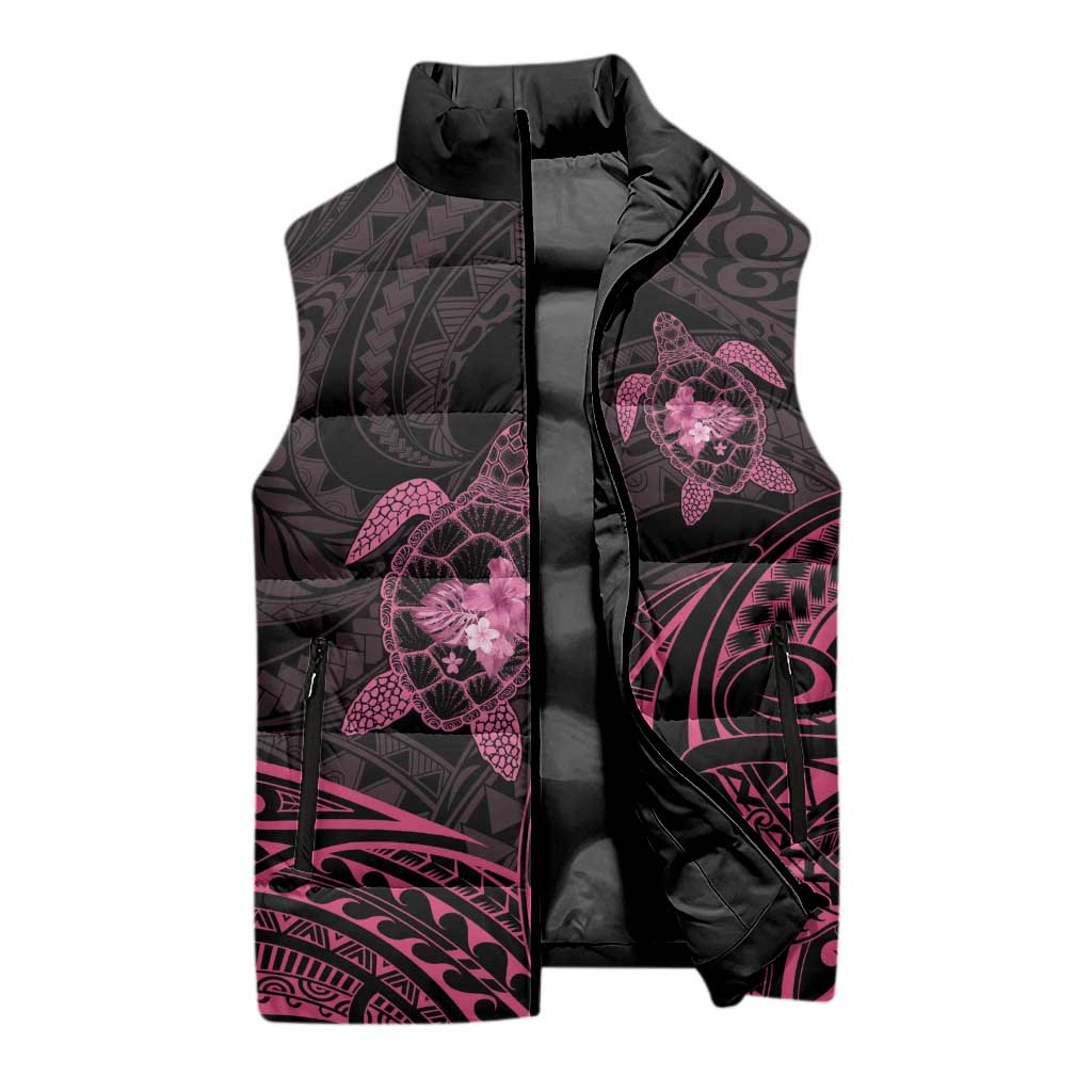 Pink Black Polynesia Floral Sea Turtle Sleeveless Puffer Jacket LT14 - Polynesian Pride