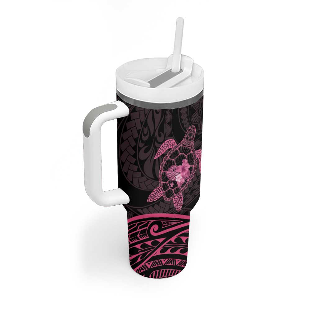 Pink Black Polynesia Floral Sea Turtle Tumbler With Handle LT14 - Polynesian Pride