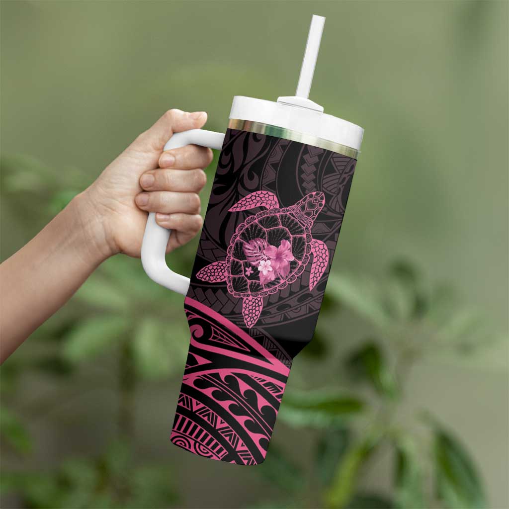 Pink Black Polynesia Floral Sea Turtle Tumbler With Handle LT14 - Polynesian Pride