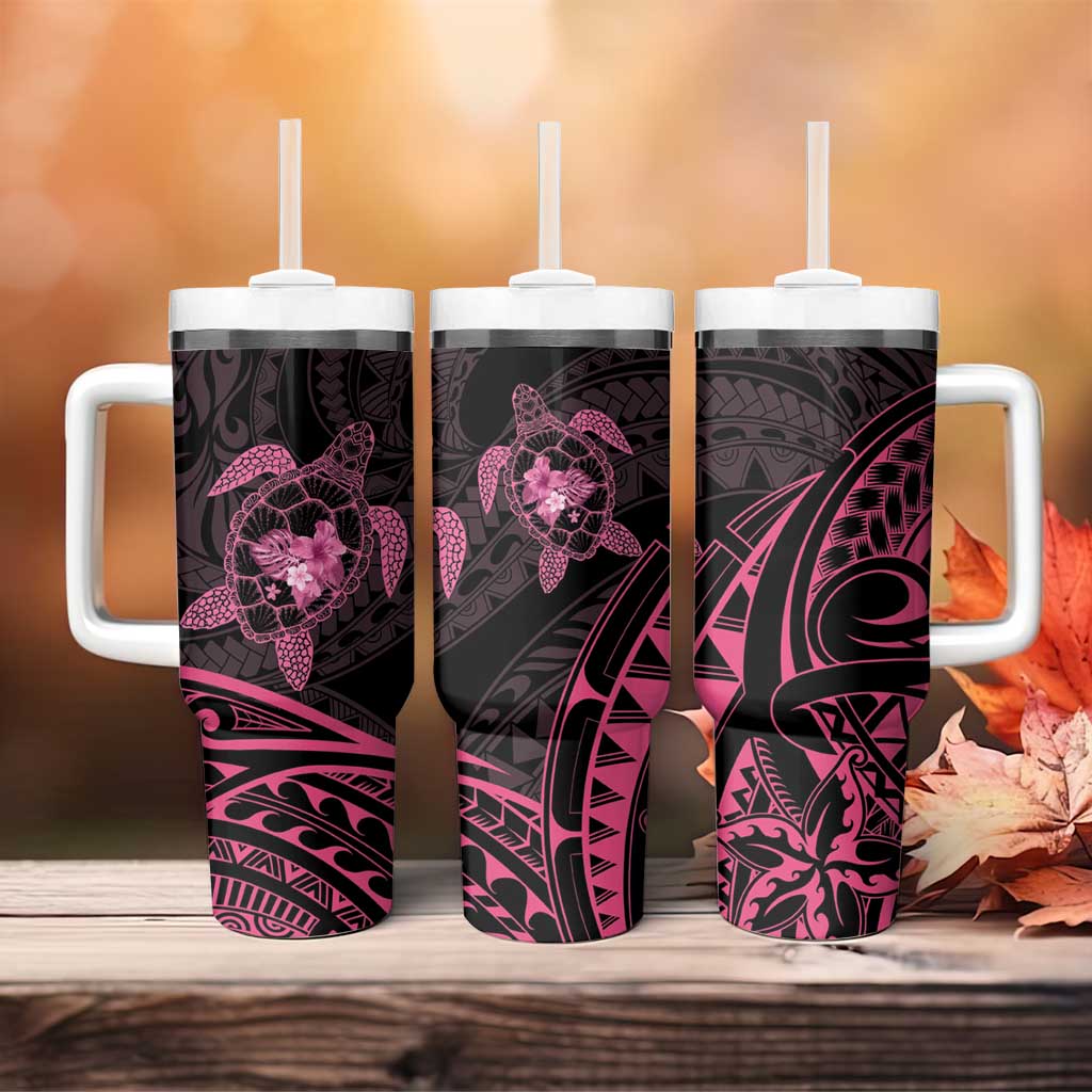 Pink Black Polynesia Floral Sea Turtle Tumbler With Handle LT14 - Polynesian Pride