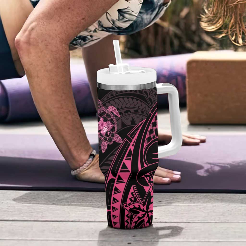 Pink Black Polynesia Floral Sea Turtle Tumbler With Handle LT14 - Polynesian Pride