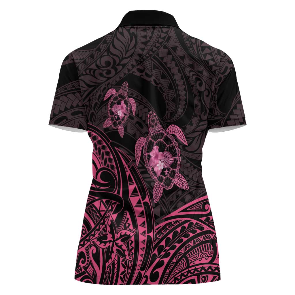 Pink Black Polynesia Floral Sea Turtle Women Polo Shirt LT14 - Polynesian Pride