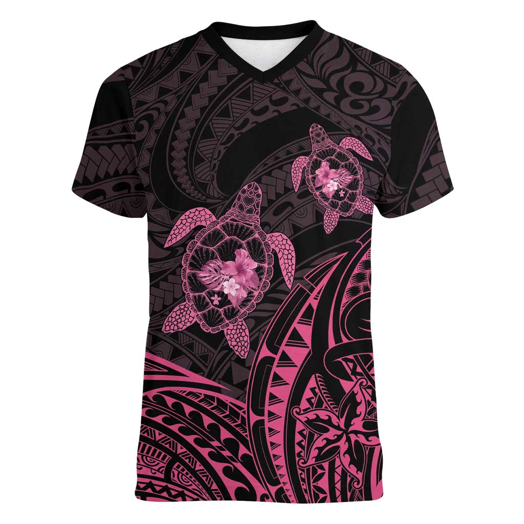 Pink Black Polynesia Floral Sea Turtle Women V-Neck T-Shirt LT14 Female Black - Polynesian Pride