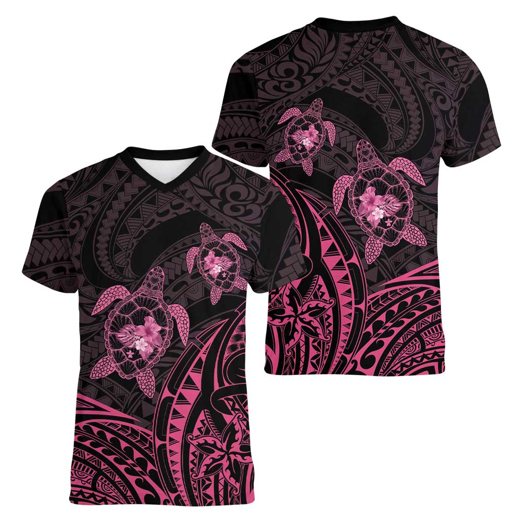 Pink Black Polynesia Floral Sea Turtle Women V-Neck T-Shirt LT14 - Polynesian Pride