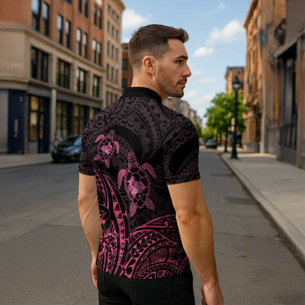 Pink Black Polynesia Floral Sea Turtle Zipper Polo Shirt LT14 - Polynesian Pride