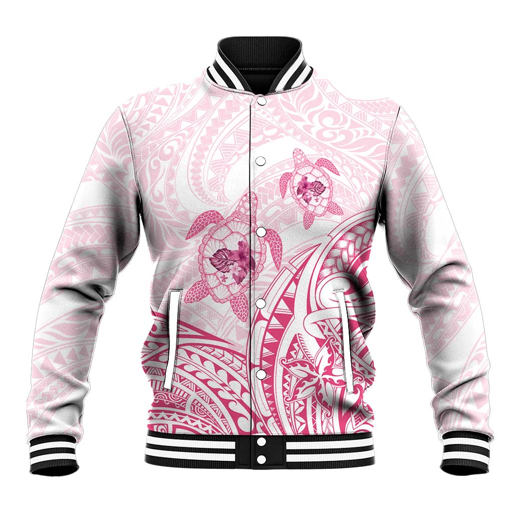 Pink White Polynesia Floral Sea Turtle Baseball Jacket LT14 Unisex White - Polynesian Pride