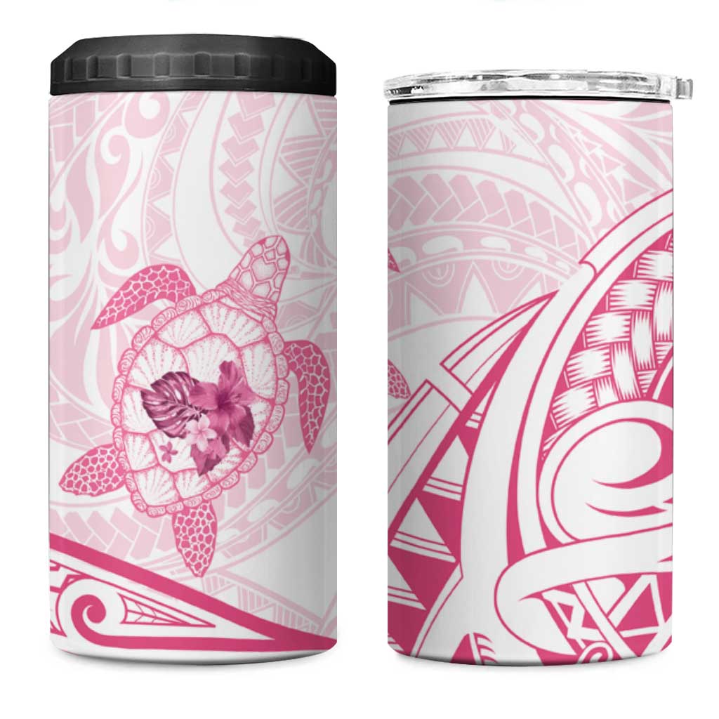 Pink White Polynesia Floral Sea Turtle 4 in 1 Can Cooler Tumbler LT14 One Size: 16 oz White - Polynesian Pride