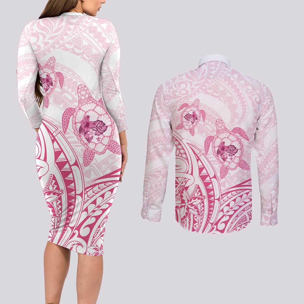 Pink White Polynesia Floral Sea Turtle Couples Matching Long Sleeve Bodycon Dress and Long Sleeve Button Shirt LT14 - Polynesian Pride