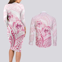 Pink White Polynesia Floral Sea Turtle Couples Matching Long Sleeve Bodycon Dress and Long Sleeve Button Shirt LT14 - Polynesian Pride