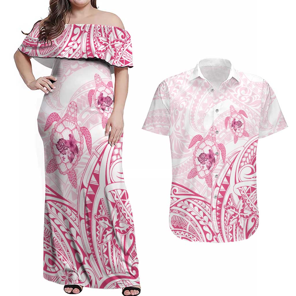 Pink White Polynesia Floral Sea Turtle Couples Matching Off Shoulder Maxi Dress and Hawaiian Shirt - Polynesian Pride