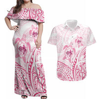 Pink White Polynesia Floral Sea Turtle Couples Matching Off Shoulder Maxi Dress and Hawaiian Shirt - Polynesian Pride